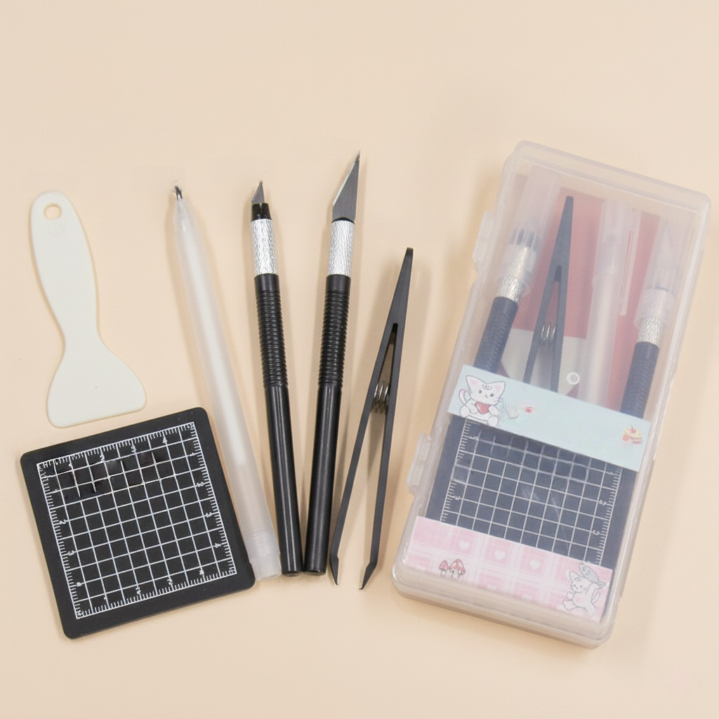 Cartoon squirrel with crafting tools: scissors, tape, tweezers - Shroomi accessories