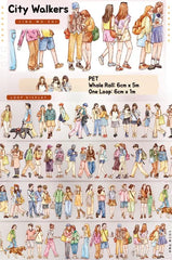 Washi tape featuring illustrations of diverse people in urban settings, with text "City Walkers" and "JING WU ZHI" | Shroomi