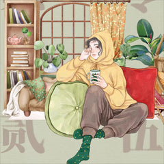 Watercolor illustration of a person in a yellow hoodie holding a mug, sitting by a window with plants and books. | Shroomi