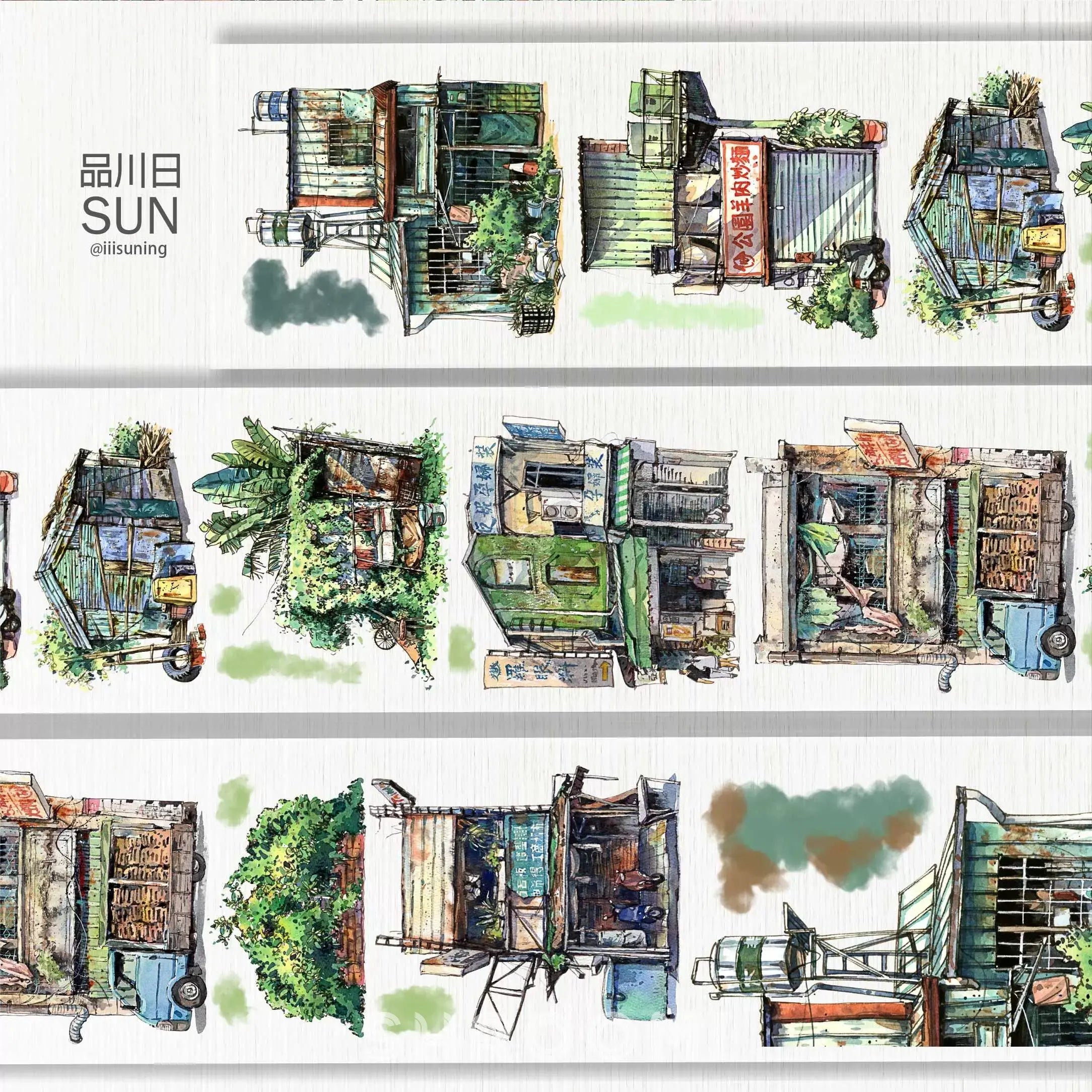 Vibrant PET tape showcasing urban streets with vintage shop signs, textured facades, and lush greenery for creative crafts.