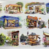 Watercolor illustrations of colorful corner shops with outdoor seating – perfect for scrapbooking at Shroomi