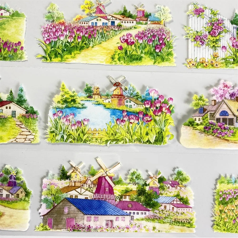 Charming Fairy Tale Town PET Tape showcasing dreamy European village scenes with soft florals and serene lakeside views.