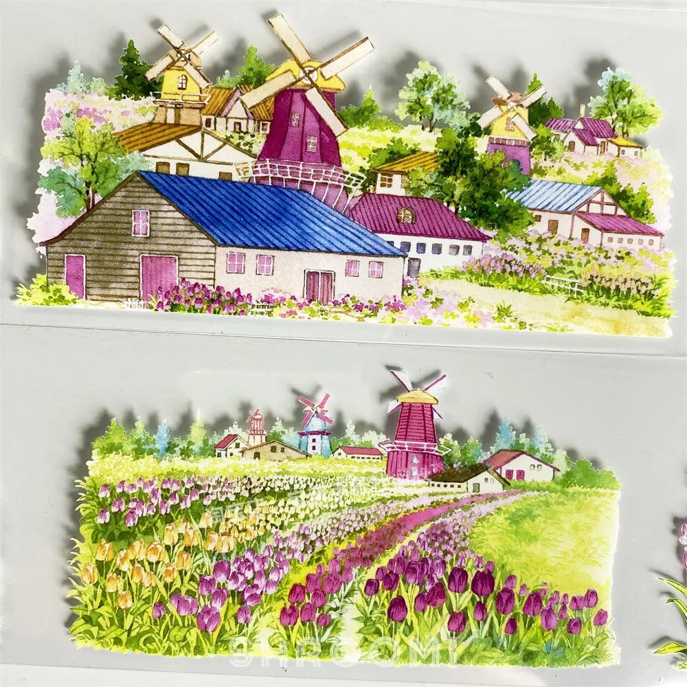 Charming Fairy Tale Town PET Tape in 6 styles, featuring dreamy floral gardens, quaint European villages, and serene lakeside scenes.