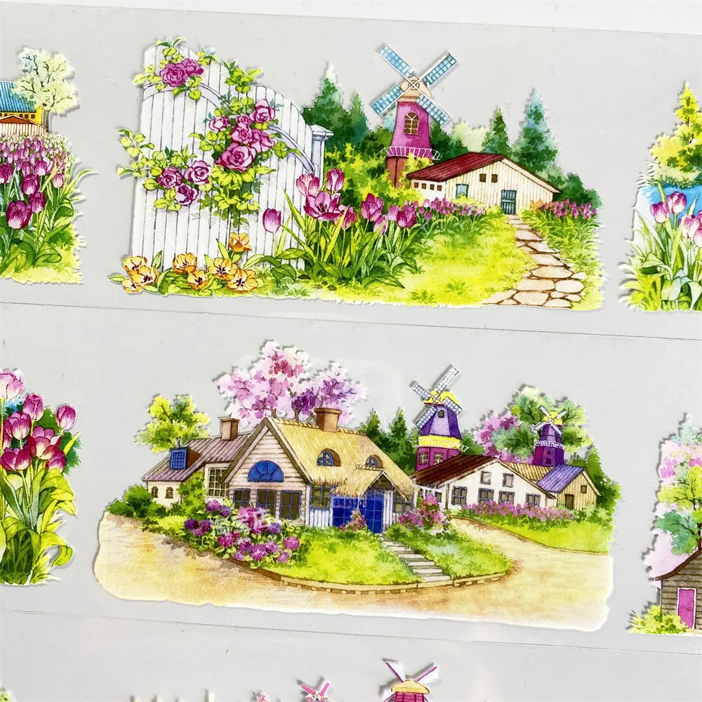 Enchanting Fairy Tale Town PET Tape showcasing whimsical European village scenes with soft florals and serene lakeside charm.