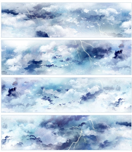 Five panels of a stylized sky with clouds and lightning.
