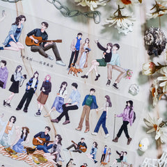Anime couple stickers and journaling tape featuring picnic scenes and walking figures | Shroomi