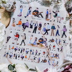 Assorted clear tape stickers featuring illustrated couples in various outdoor and casual settings | Shroomi