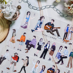 Journaling sticker sheets with anime style characters in various outfits and activities | Shroomi