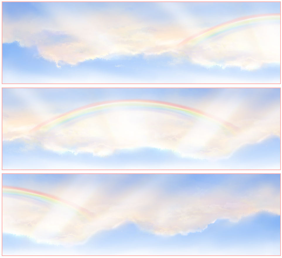 Three panels of a rainbow and cloud pattern on a blue sky background