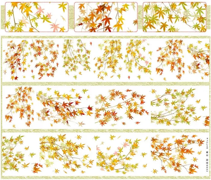 PET tape with white ink featuring a vibrant cascade of red, orange, and yellow falling maple leaves.