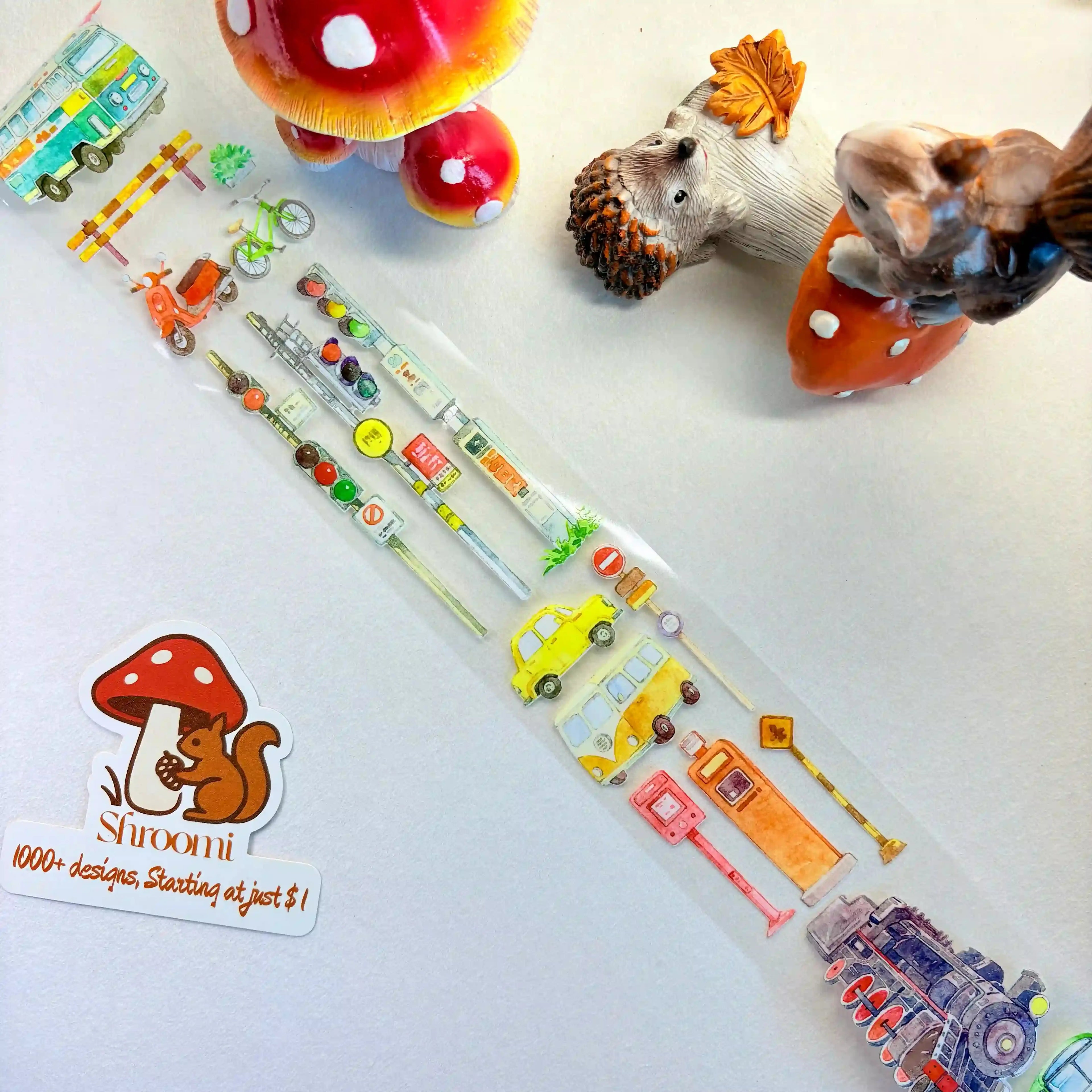 Vibrant PET tape featuring a bustling urban transit scene with buses, scooters, traffic lights, and city street signs.