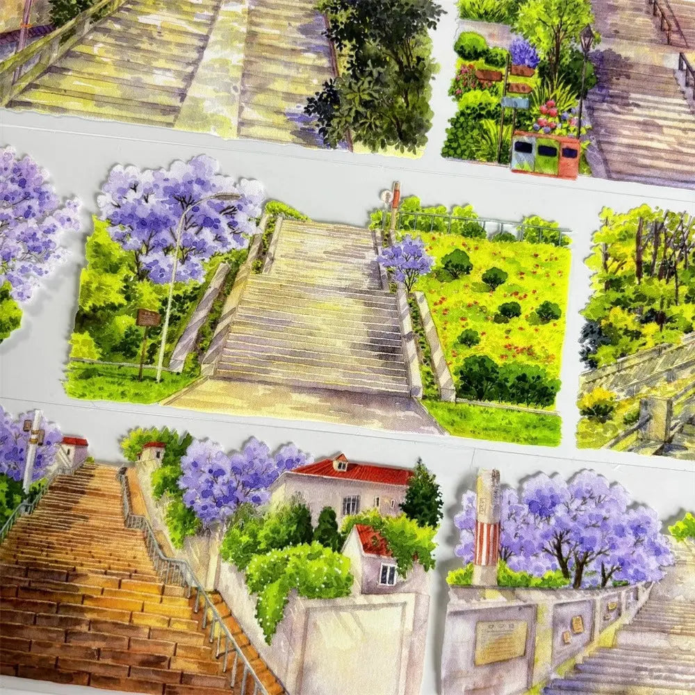 Alleyway paths decorative tape with jacaranda trees and stairs, PET material by Shroomi