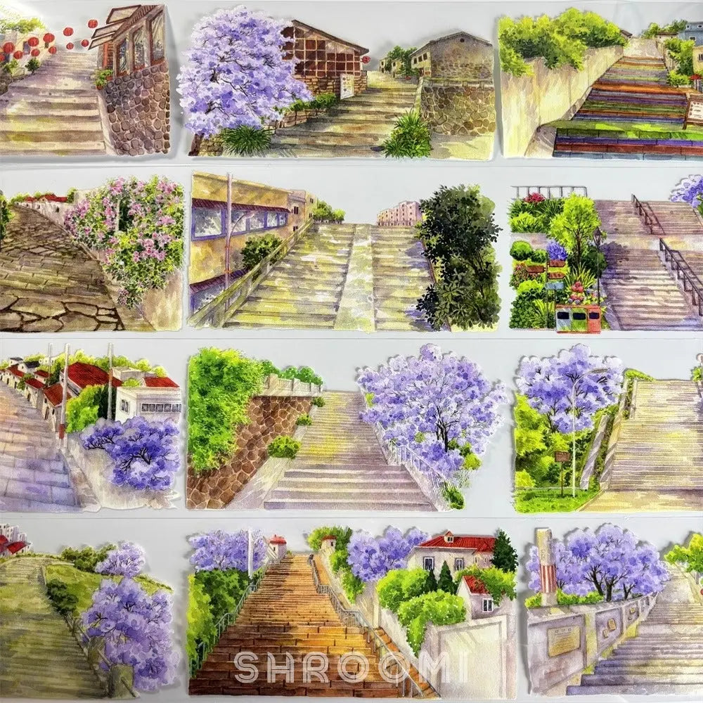 Journaling tape with watercolor alleyway paths and jacaranda trees, PET material by Shroomi
