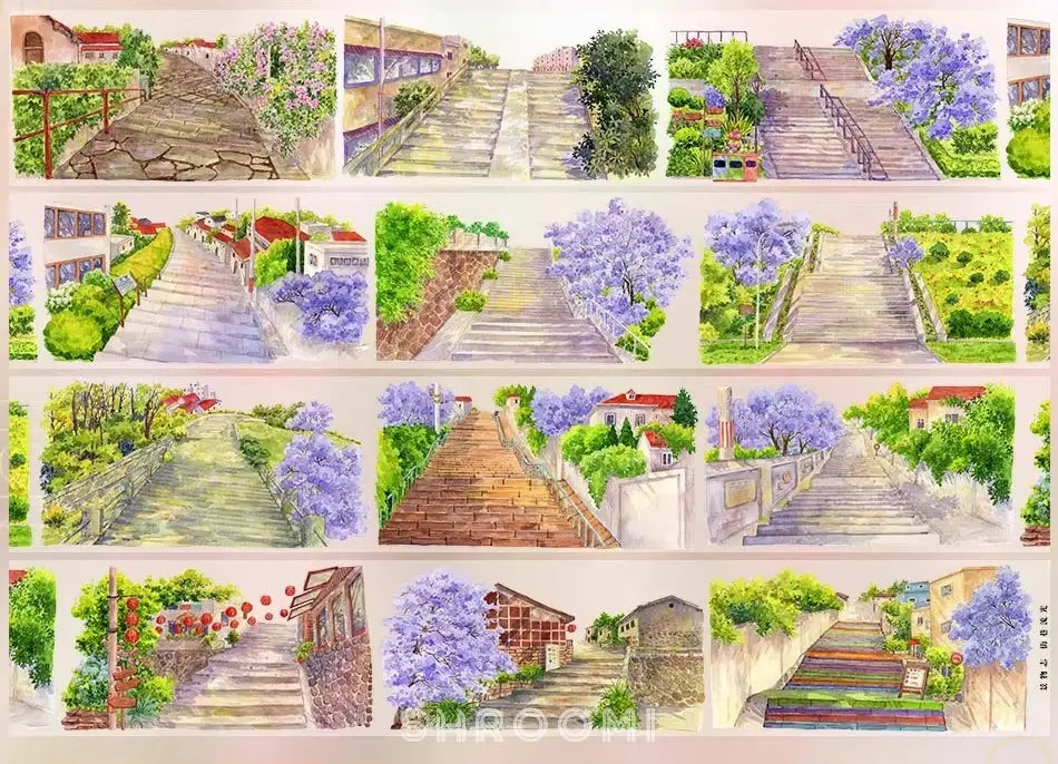 Washi tape with watercolor paintings of scenic alleyways and staircases with blooming jacaranda trees, PET tape by Shroomi