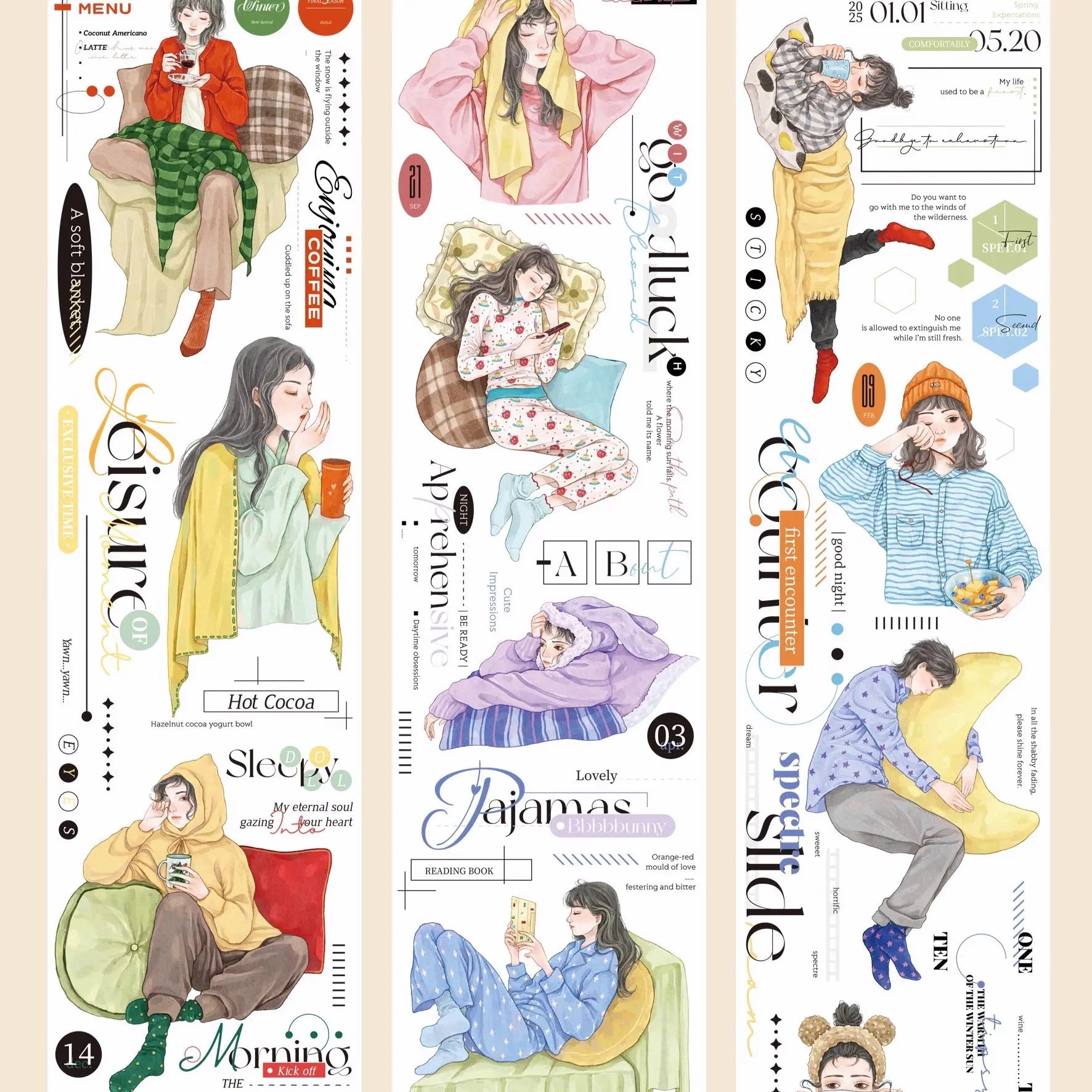 Decorative tape with illustrations of women enjoying cozy autumn and winter activities | Shroomi
