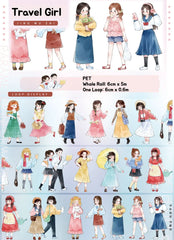 PET tape roll with watercolor illustrations of girls in various outfits and activities | Shroomi