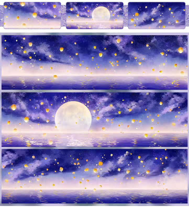 Set of three placemats with a moonlit sky and floating lanterns design.