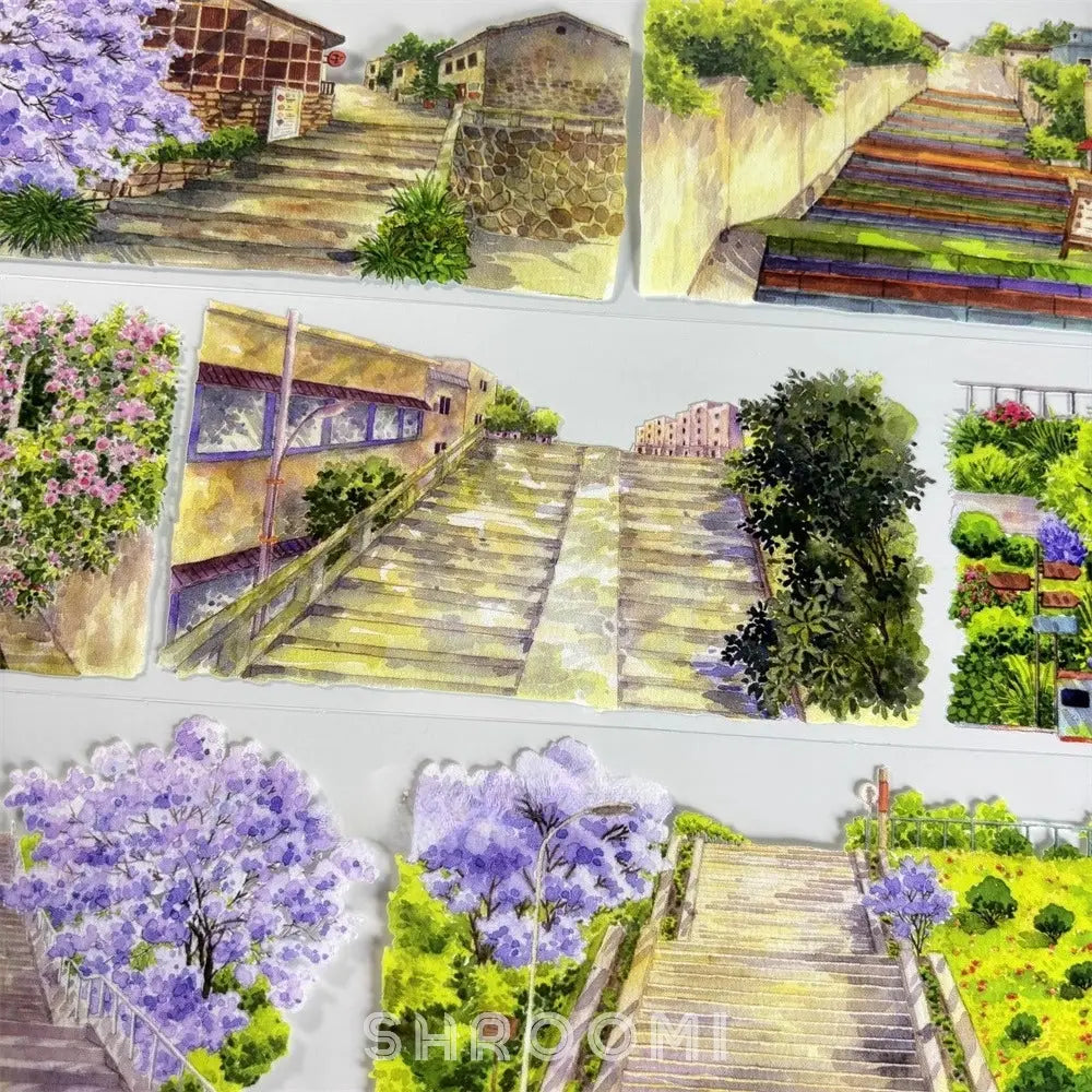 Journaling PET tape featuring watercolor alleyway scenes with flowers and stairs by Shroomi