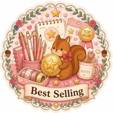 Cute brown cartoon squirrel holding 'BEST SELLING' acorn, green crown & leaves - Shroomi best-selling collection