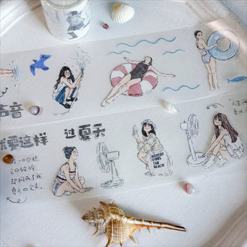 Summer Beach Character PET die-cut tape with swim rings, seashells, and seaside girls