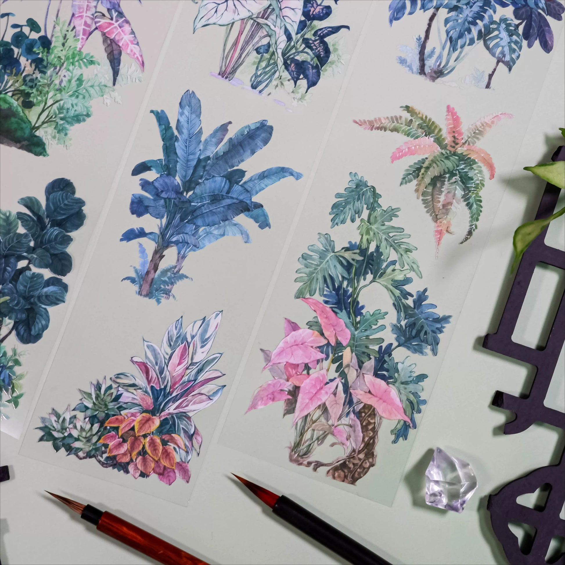 PET tape featuring traditional Chinese ink-style illustrations of potted plants and garden greenery