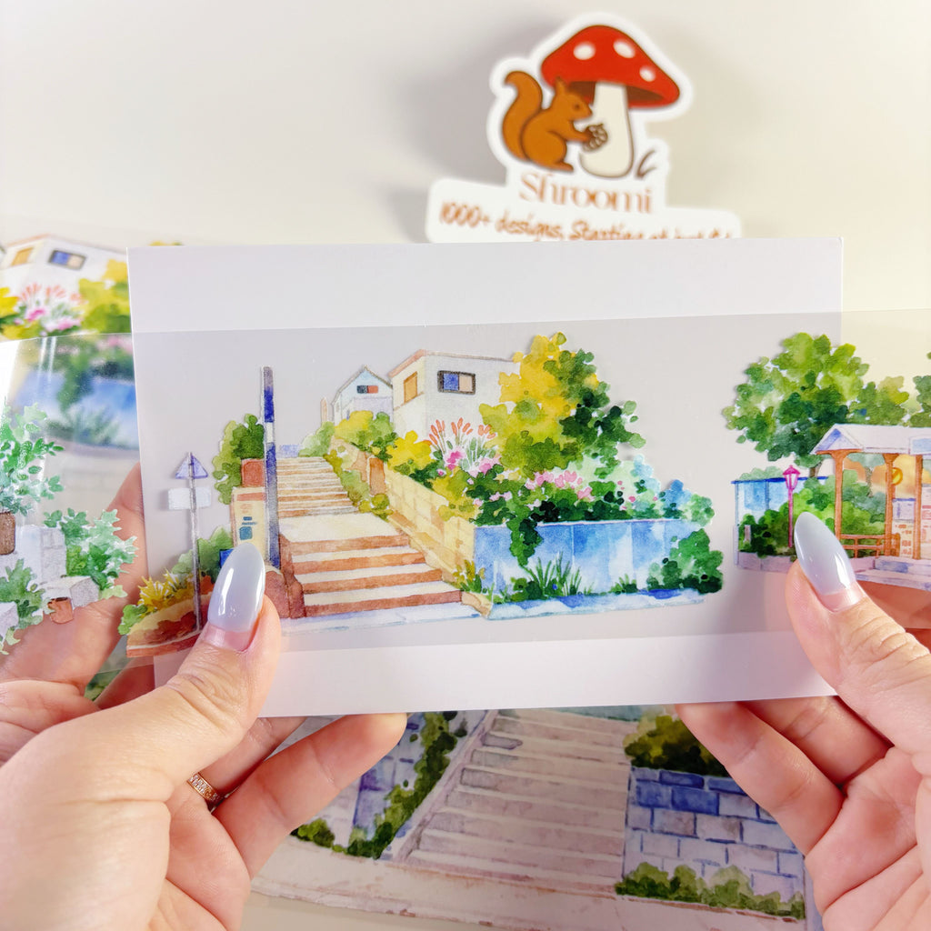 Stairway Garden PET Tape Charming Stairway Garden PET Tape | Decorative Greenery Steps Washi Tape | Aesthetic Urban Scenery Planner Tape