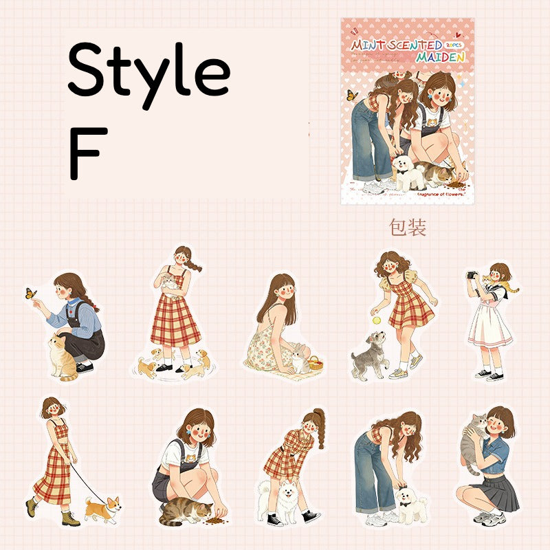 Mint-toned PET scene sticker pack with illustrated girls, house scenes, grass, flowers, blue skies, and summer details