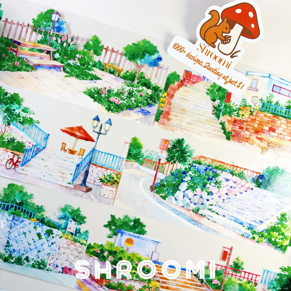 Sunny Path PET Tape Sunny Path PET Tape – Hand-Drawn Watercolor Street Scene for Journaling & Crafts