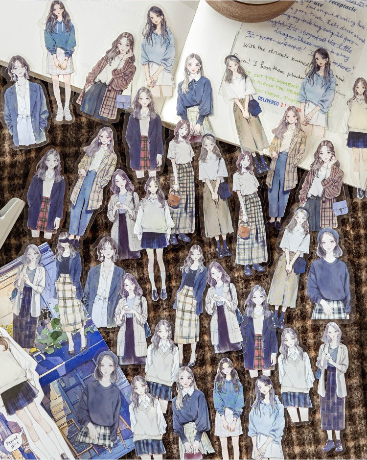 Clear Shroomi journaling stickers featuring anime-style girls in diverse, trendy autumn fashion.