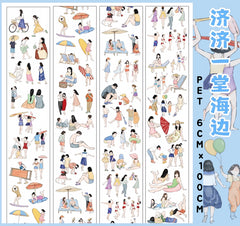 Charming PET tape featuring diverse beach crowd characters in swimsuits and summer outfits, enjoying seaside fun.