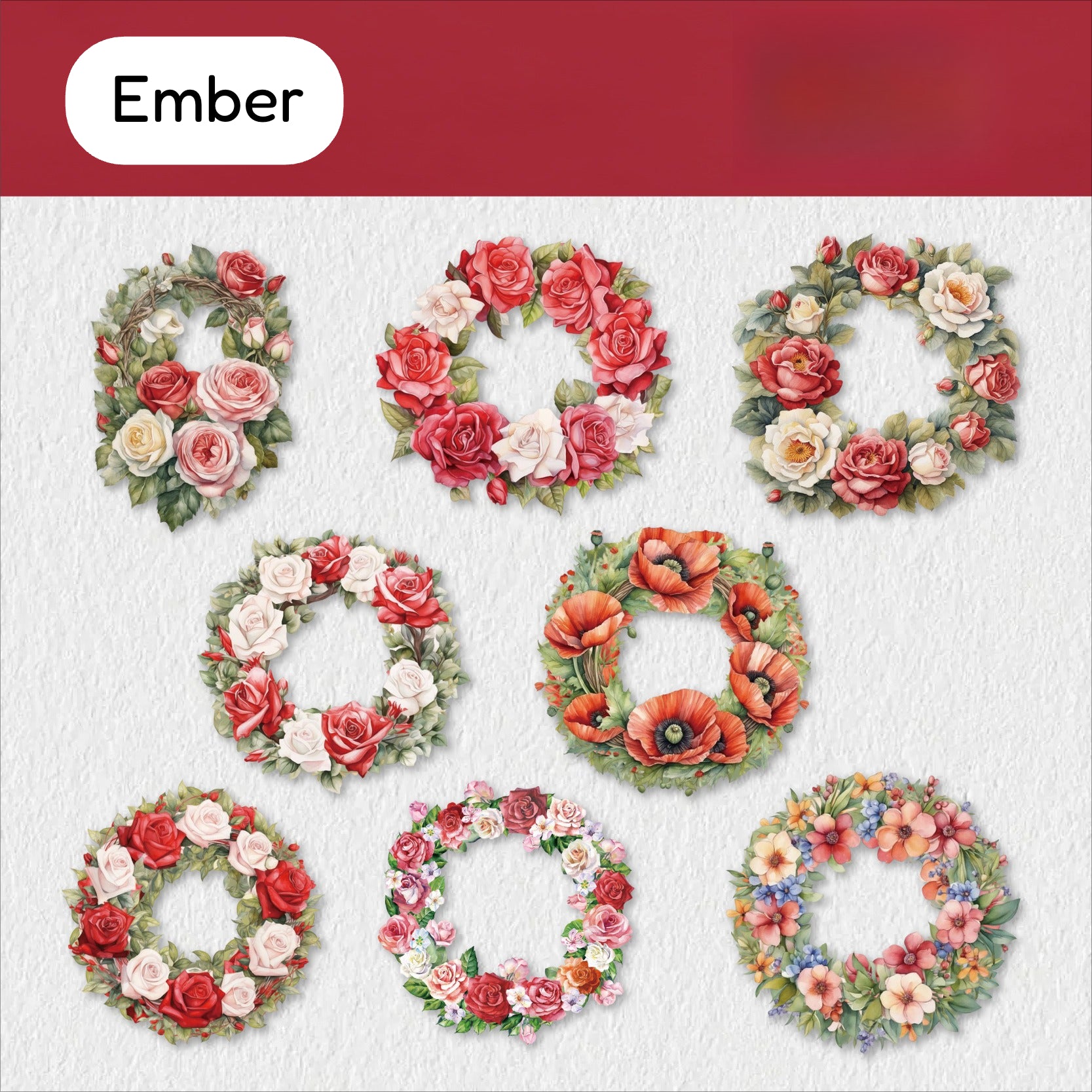 Ember style floral wreath sticker sheet with warm red, coral, and pink rose wreaths