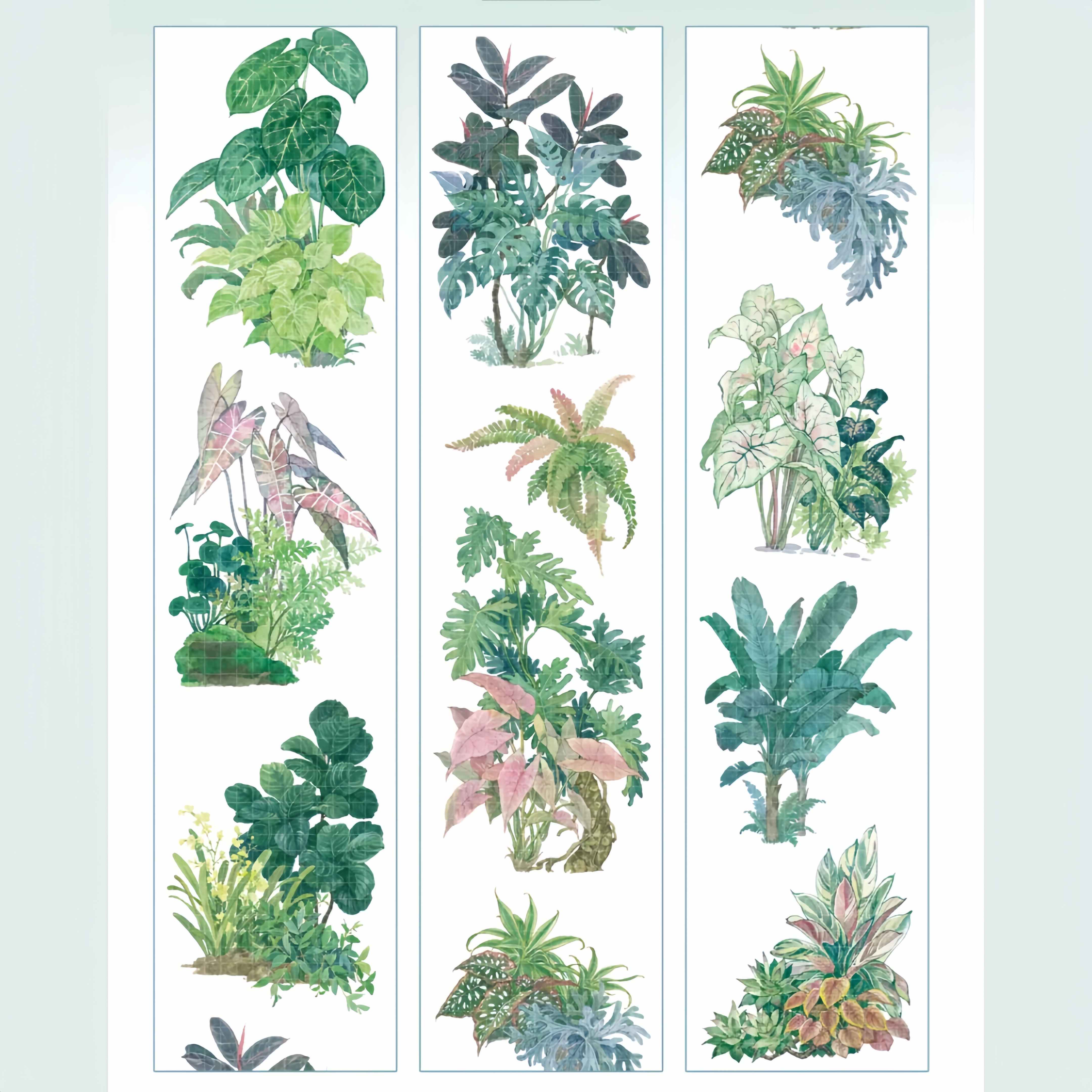 PET tape featuring traditional Chinese ink-style illustrations of potted plants and garden greenery