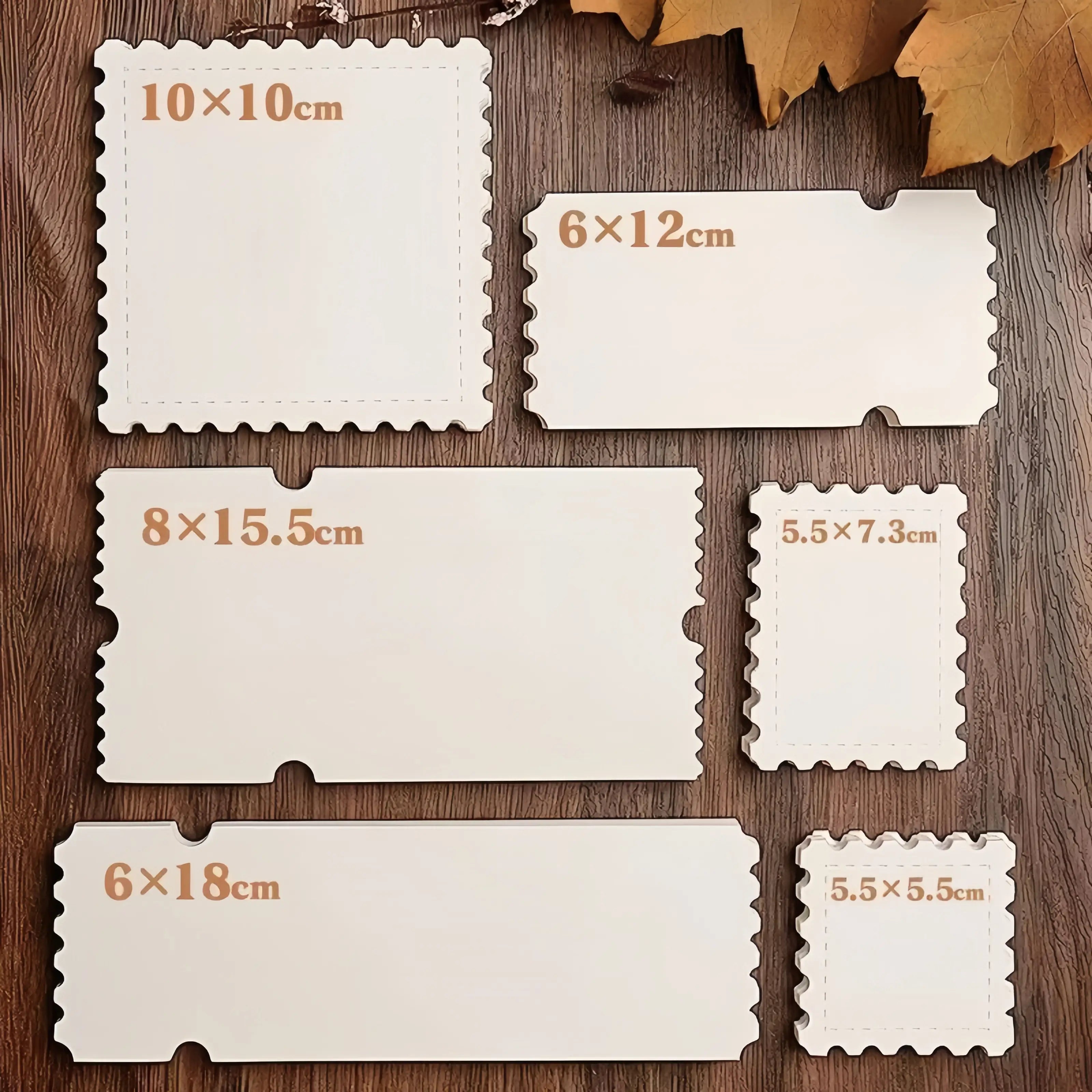 Six blank stamp and ticket card sizes arranged flat: 10x10cm, 6x12cm, 8x15.5cm, 5.5x7.3cm, 6x18cm, and 5.5x5.5cm, each with stamp-style scalloped edges