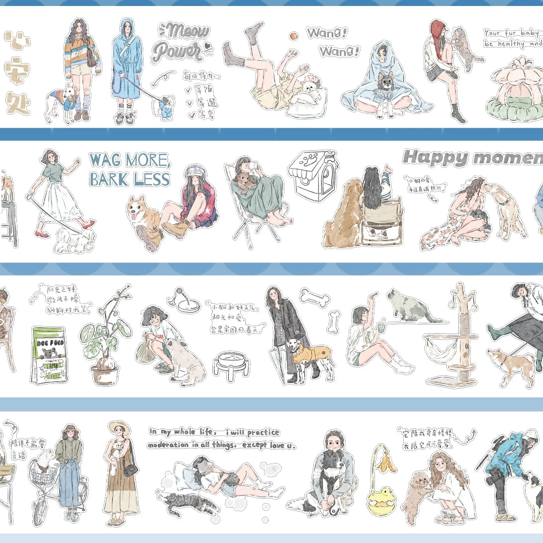 Happy Moment Pets die-cut decorative tape with characters, dogs, and cozy pet scenes