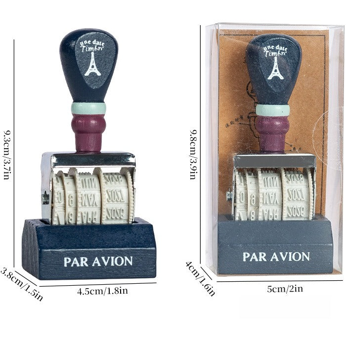 Vintage date roller stamp with wood-style handle, retro postal lettering, metal date wheels, and desk display base