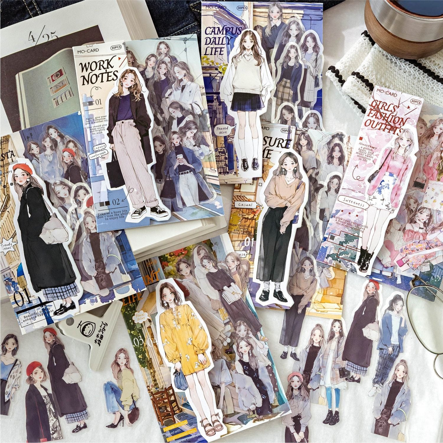 Clear fashion and journaling stickers featuring anime girls, with themed sticker packs like 'Work Notes', by Shroomi.