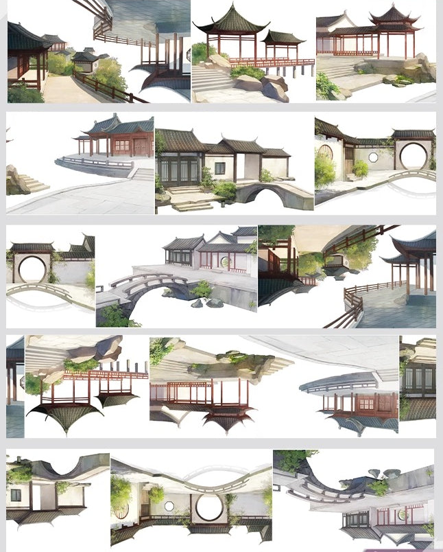 Classic Oriental Garden PET Tape Traditional Oriental Garden PET Tape | Ancient Architecture Washi Tape | Zen Courtyard Decorative Tape