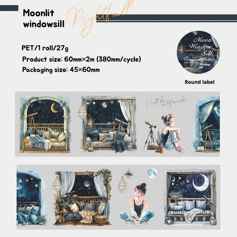 Enchanting Nightfall Series PET Tape showcasing dreamy nightscapes with moonlit rooms and glowing city streets in 6 unique styles.
