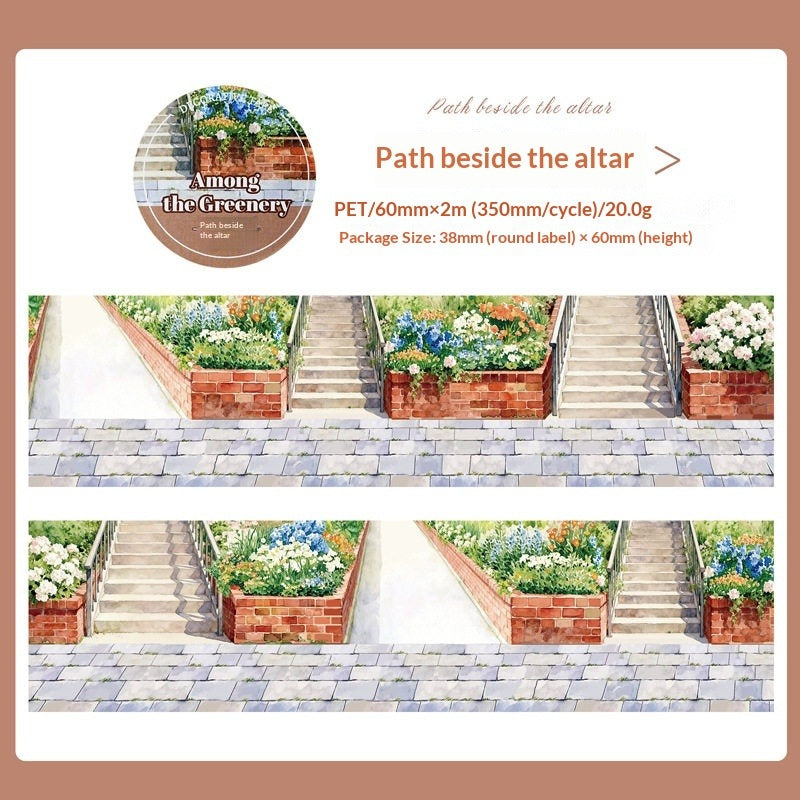 Among the Greenery PET tape – all 6 green garden variants displayed, 60mm wide
