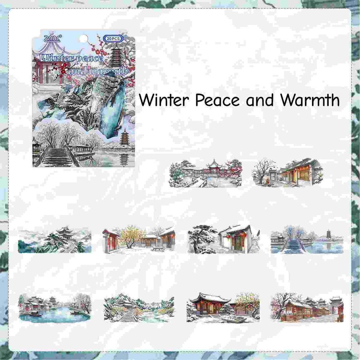 Sticker sheet of traditional Chinese architecture in a snowy winter scene, "Winter Peace and Warmth"
