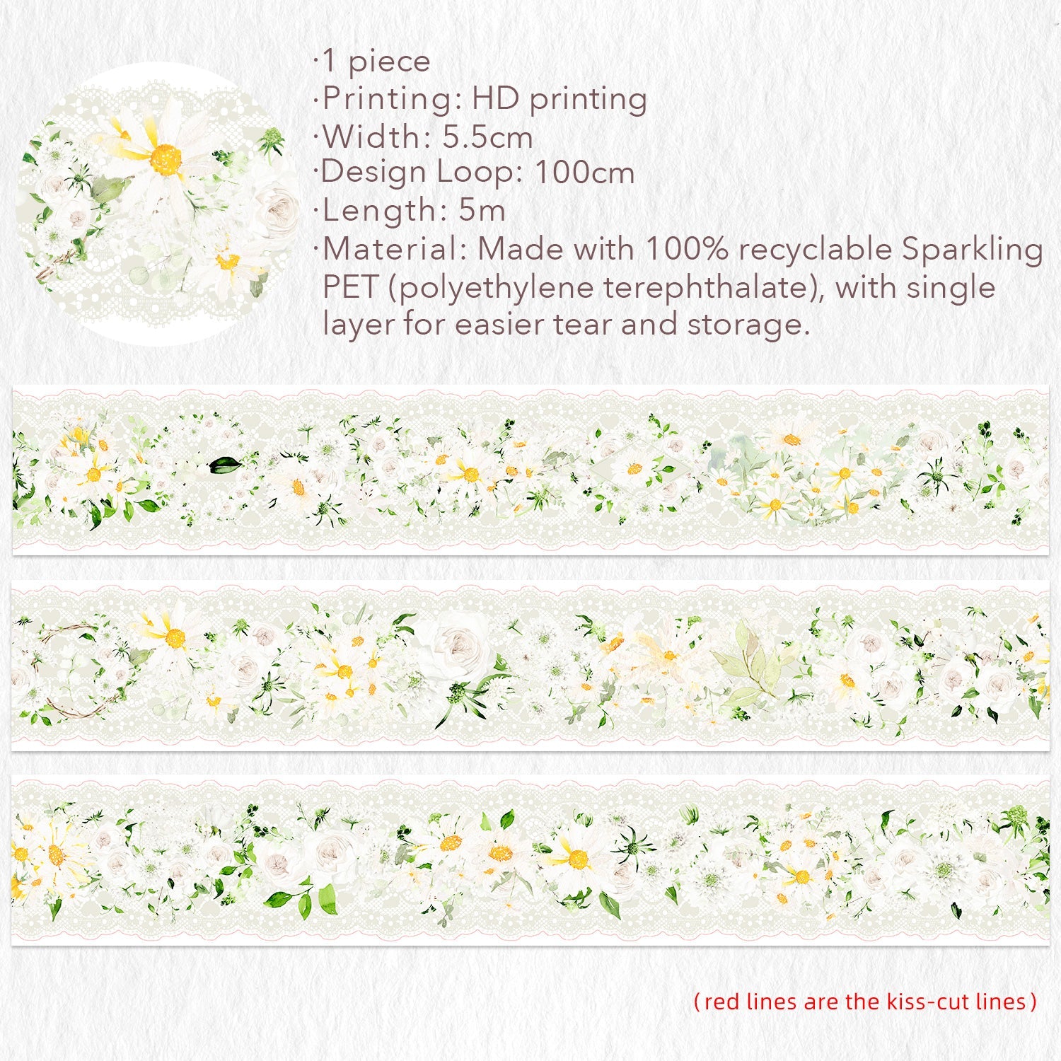 Pre-cut Petals en Blanc Wide PET Tape
