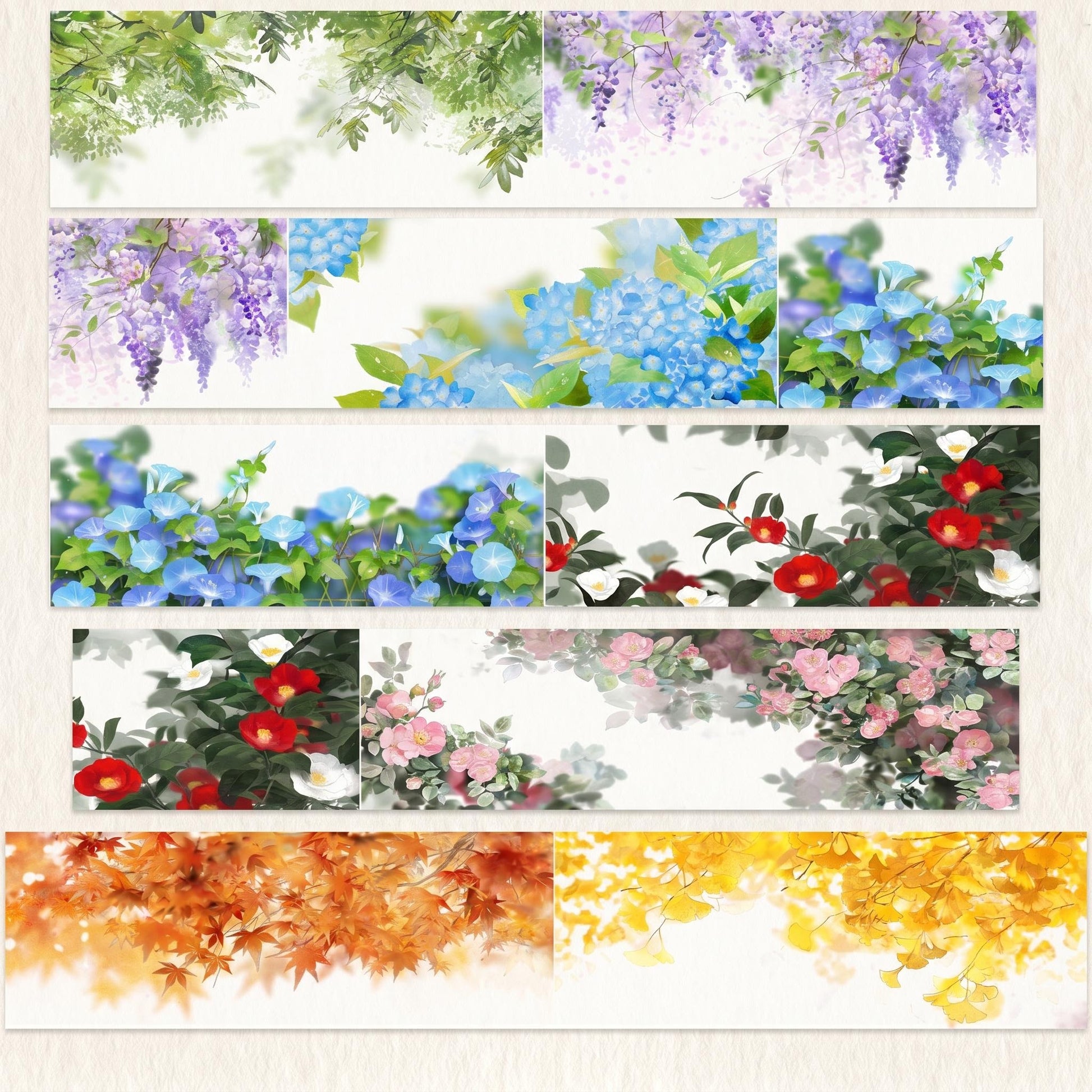 Flower shadow botanical PET tape with soft flowers, green leaves, wisteria, blue blooms, camellias, roses, and autumn foliage