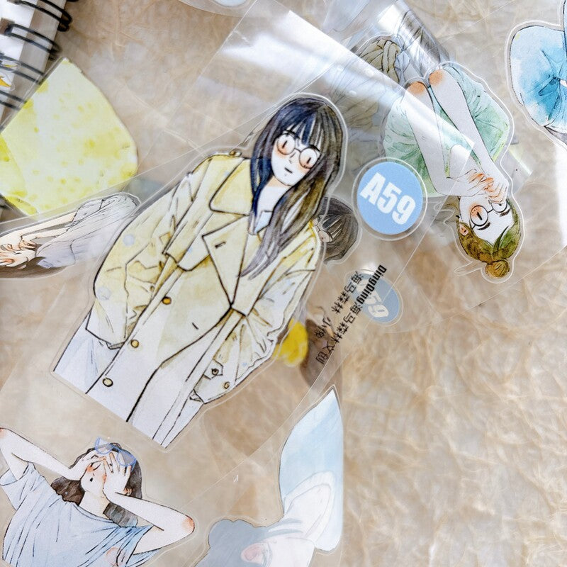 Close-up of die-cut watercolor girl portraits tape