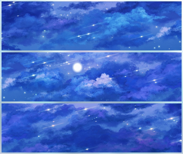 Deep blue night sky with luminous full moon, shooting stars, and watercolor clouds on PET tape