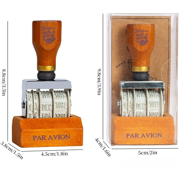 Vintage date roller stamp with wood-style handle, retro postal lettering, metal date wheels, and desk display base