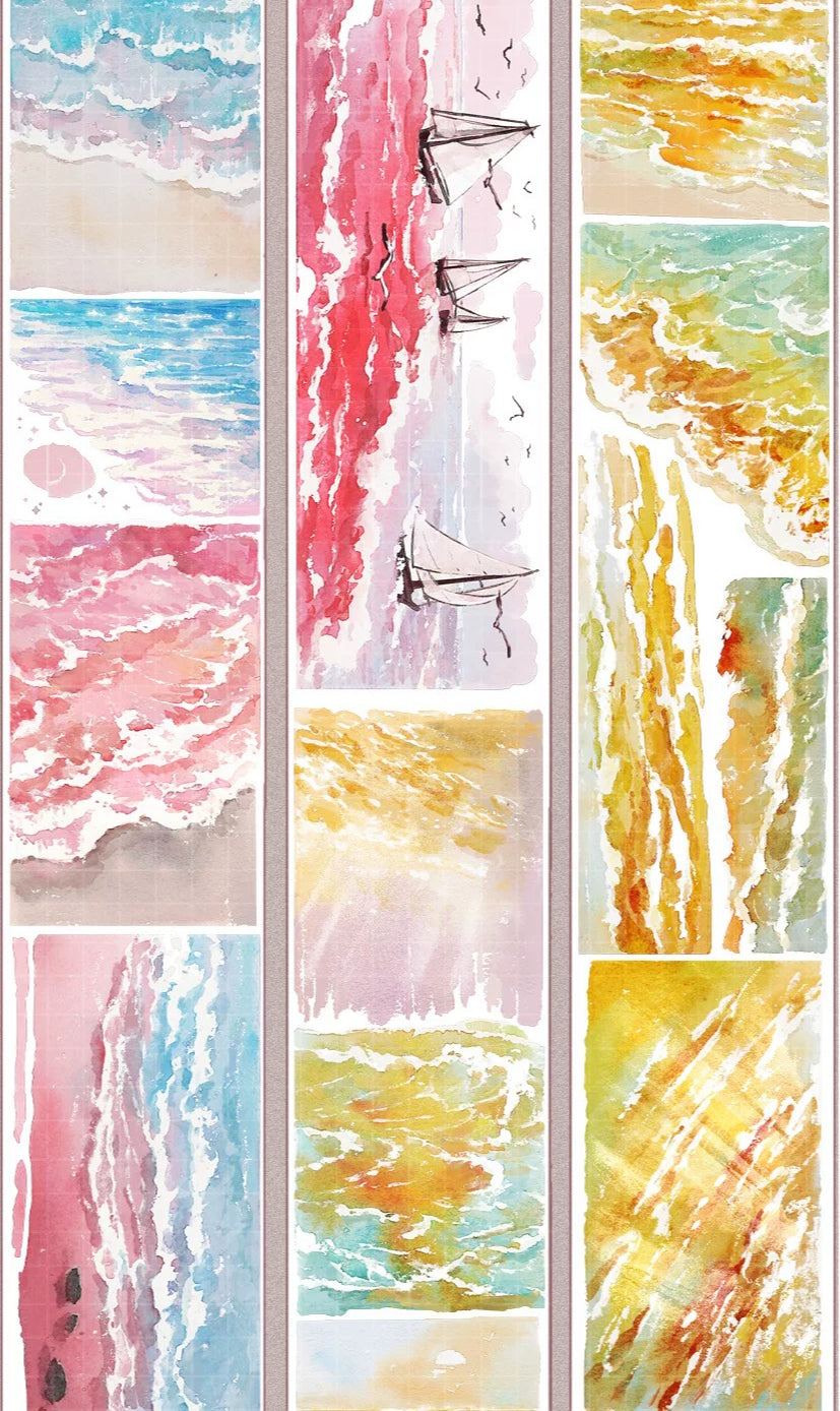 Pink ocean watercolor PET tape with sunset waves and soft shoreline panels