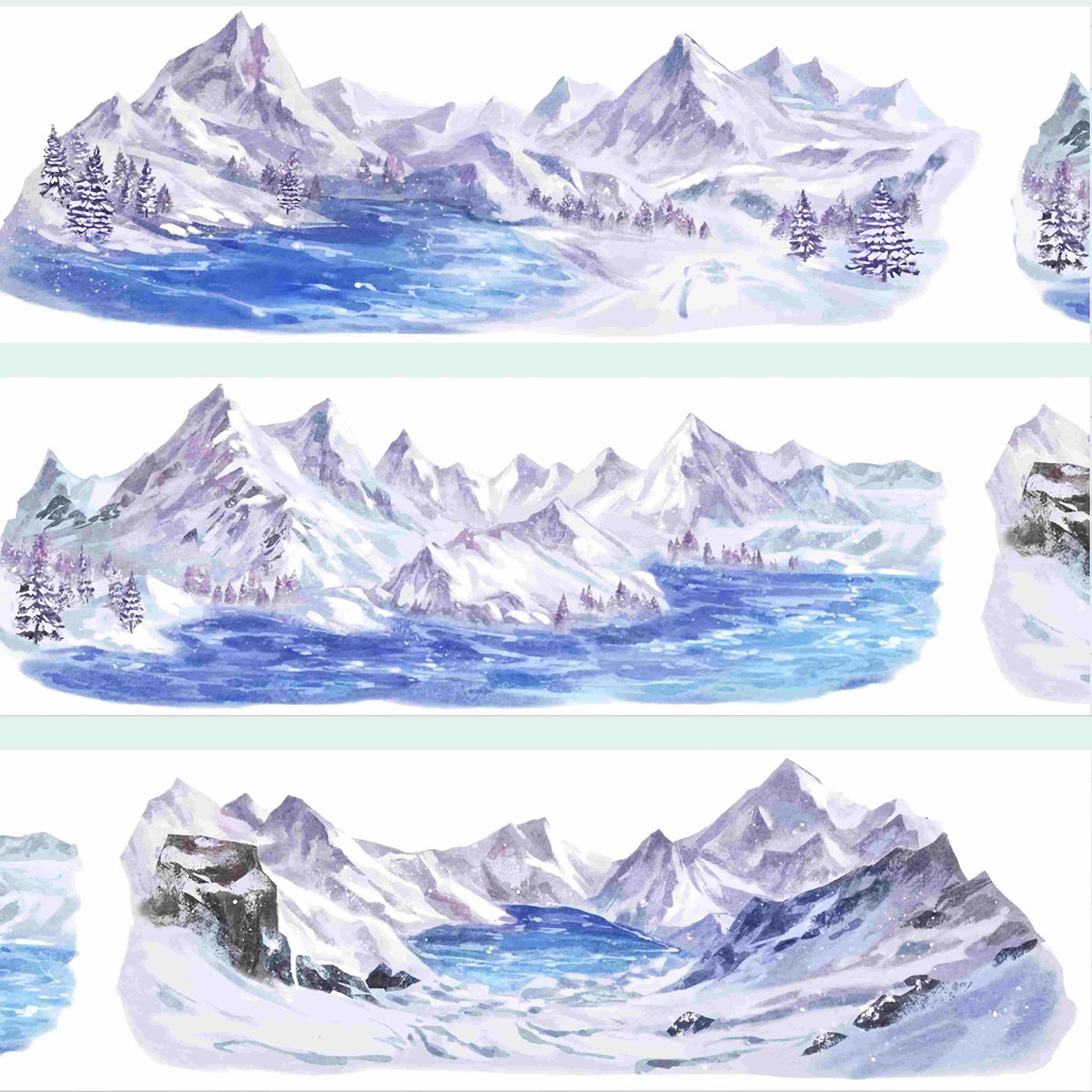 Snowy Mountain PET Tape – snow-capped mountains surrounding a blue lake, with pine trees, shown in multiple panels