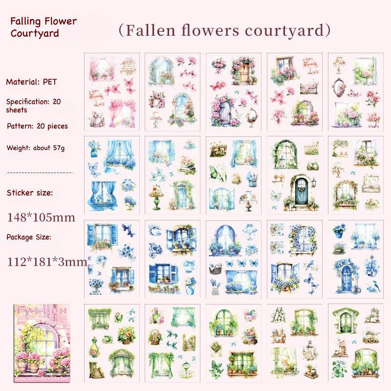 Glazed Tiles Series sticker book – watercolor garden and East Asian architecture scenes