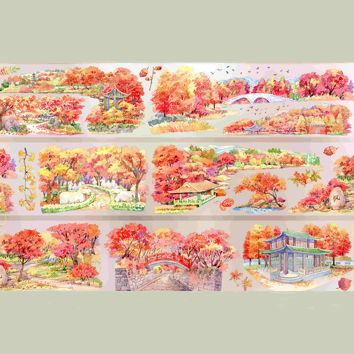 Design from the 10-piece Autumn Town & Garden Collection decorative tape, featuring an autumn townscape motif