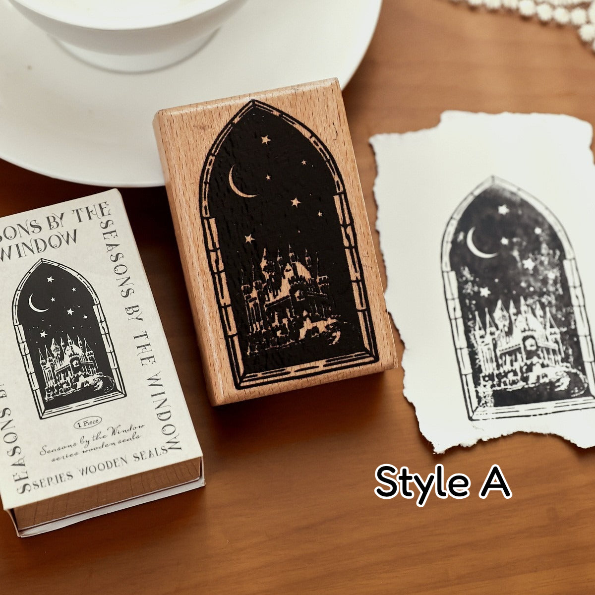 Wooden stamp set with seasonal window frame designs